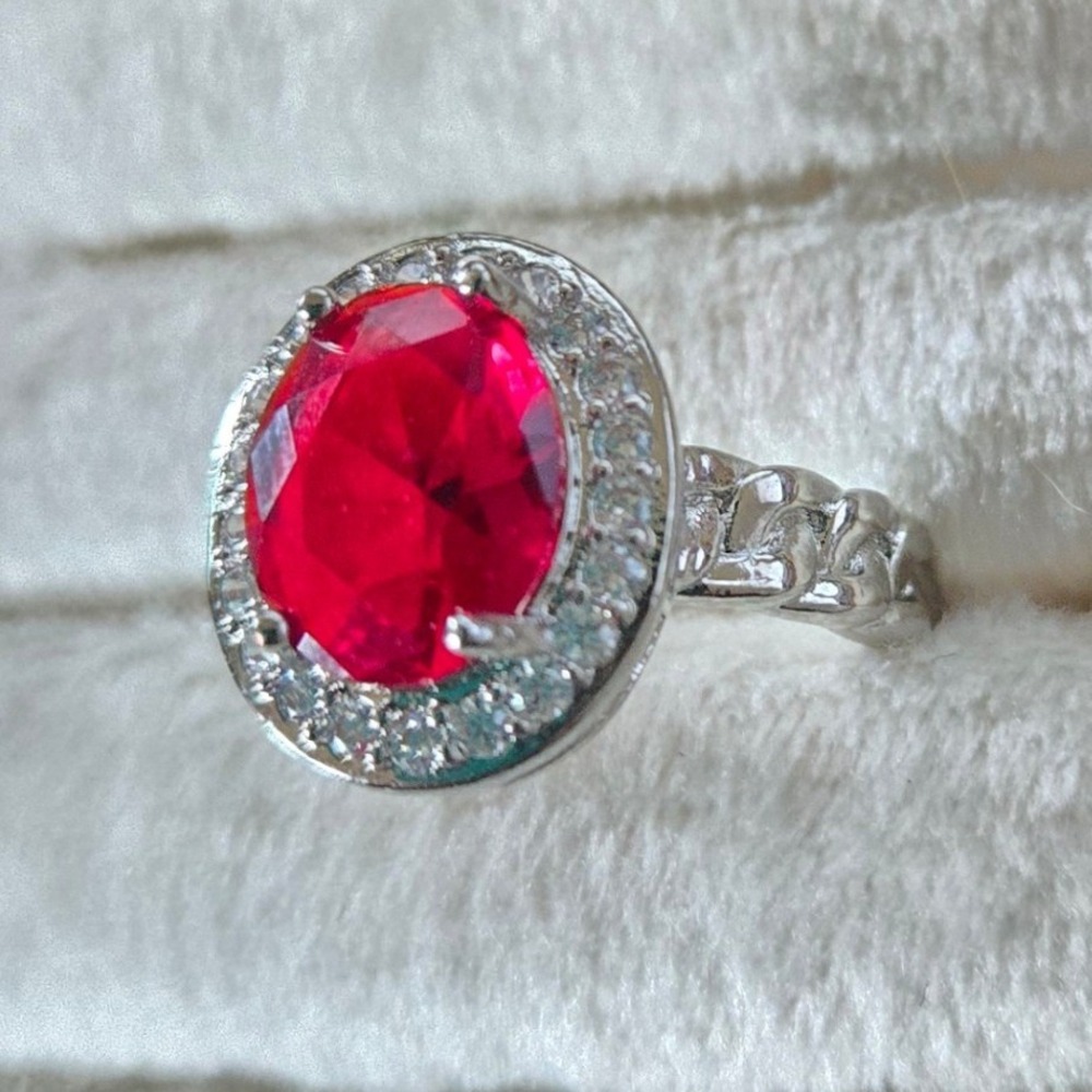 Adjustable Ruby Red Ring | Silver Tone Halo Ring | Vintage Inspired Oval Ring